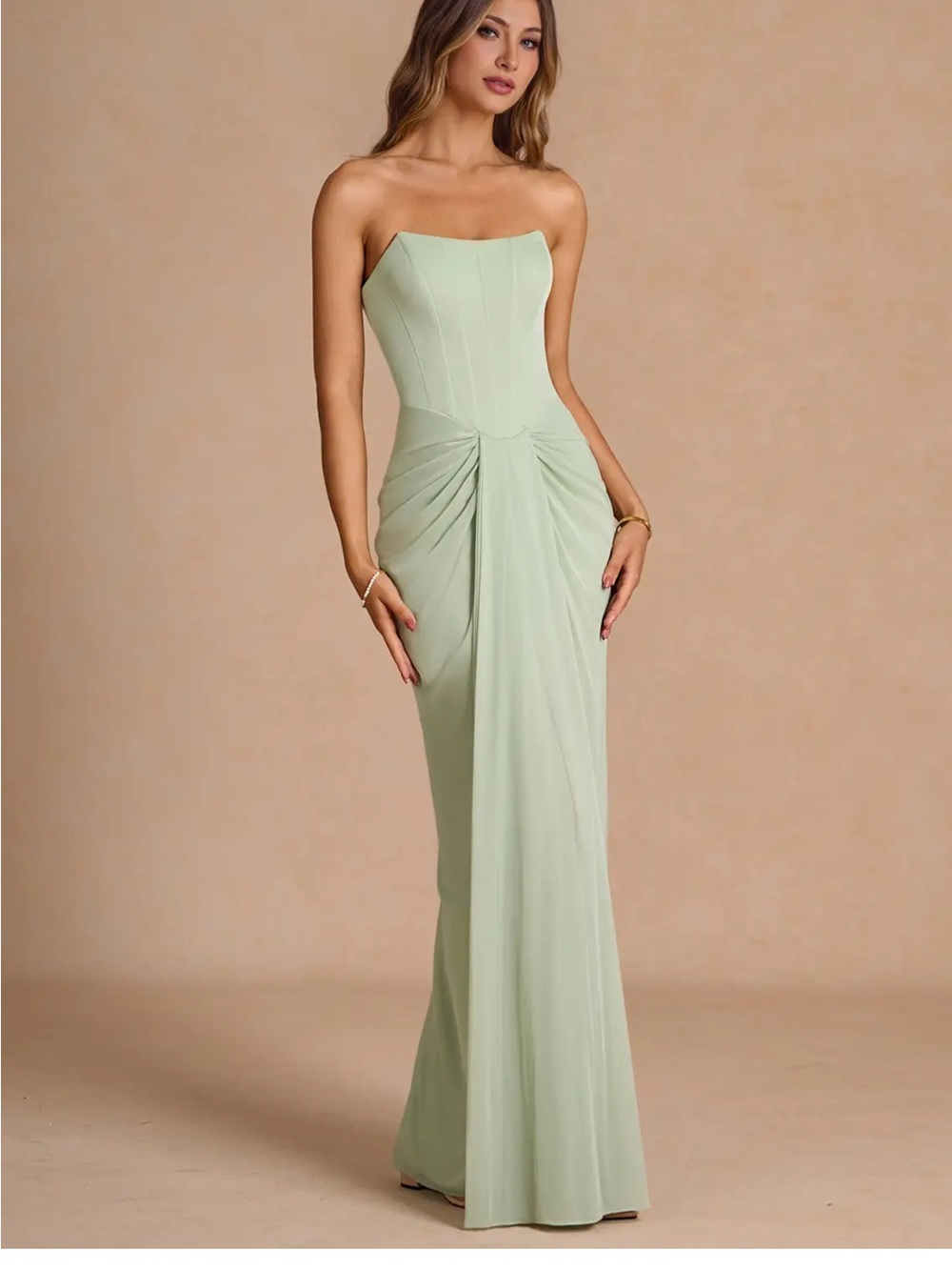 Azazie Strapless Mint Green Ruched Bodice Gown